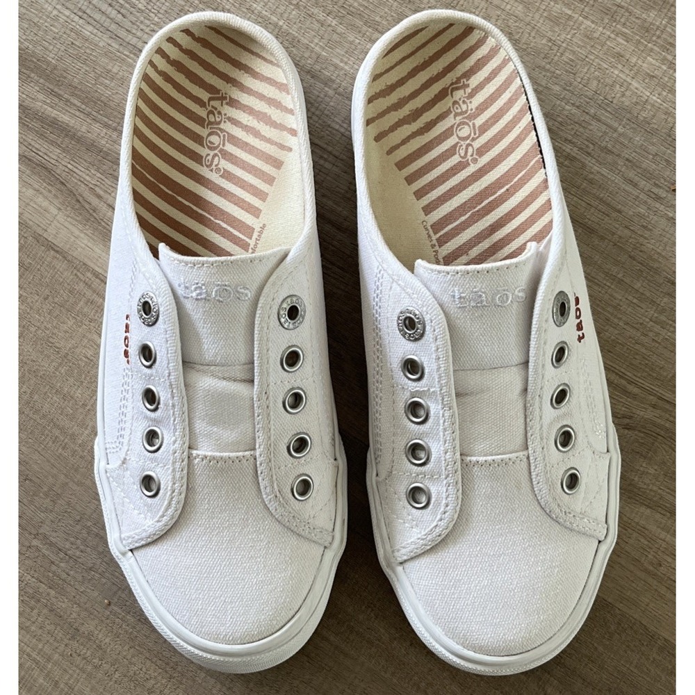 Taos EZ Soul Women’s White Canvas Sneakers Size 7 Slip On Mule Shoes